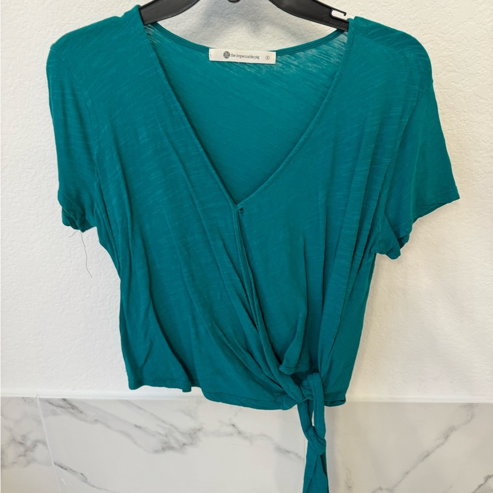 Teal side tie top